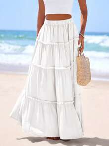 Women's Tiered Maxi Skirt Summer Spring Fashion  High Waisted Long Flowy Casual Boho Beach Vacation Clothes - trắng - Xem 4
