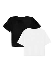 2件套 娇小女款夏季新款简约短袖T恤，修身短款休闲圆领纯色上衣 - 白色 - 查看 6