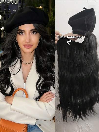 26 Inch Black Beret With Detachable Curly Hair Extensions, Elegant And Stylish With Different Outfits, Suitable For Daily Use, Concerts, Themed Parties, Dates, Halloween, And Cosplay. (Hair Color: Black, Brown)