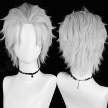 Short Silver White Straight Fluffy Men Wigs Middle Part Anime Game Cosplay Wigs Heat Resistant For Daily Party - Silver - View 1