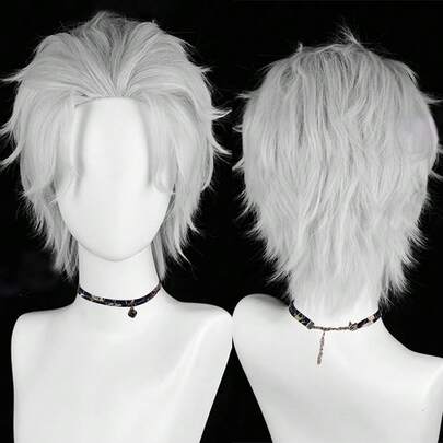 Short Silver White Straight Fluffy Men Wigs Middle Part Anime Game Cosplay Wigs Heat Resistant For Daily Party