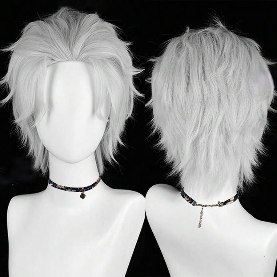 Short Silver White Straight Fluffy Men Wigs Middle Part Anime Game Cosplay Wigs Heat Resistant For Daily Party - Silver - View 1