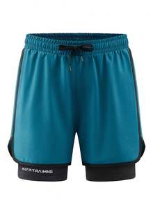 1pc Solid Color Sports Shorts, Anti-Chafing Lightweight, Double Layer Unisex Couple Shorts For Running, Outdoor, Gym, Spring/Summer - Blue - View 6