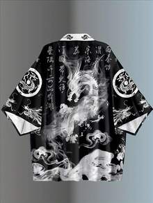 男士休闲武士和服衬衫 - 七分袖，轻薄涤纶面料，日式传统风格，龙纹印花，适合海滩或街头穿着，中国尺码，请仔细查看尺码指南 - 黑色 - 查看 3