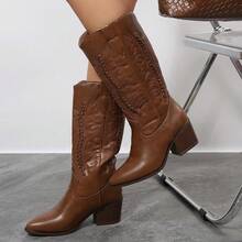 Women Western Cowboy Boots Mid Calf Embroidered Pointed Toe Chunky Heel Pull On Riding Boots For Fall Winter Casual Street Wear - Cà phê nâu - Xem 6