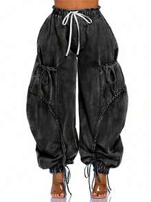 Magic Mia Women's Baggy Denim Harem Pants - Elastic Drawstring Waist Wide Leg Jeans With Bow Tie & Pockets | Casual Boho Streetwear For Travel/Everday Comfort (Vintage Distressed Wash) - 黑色 - 查看 2