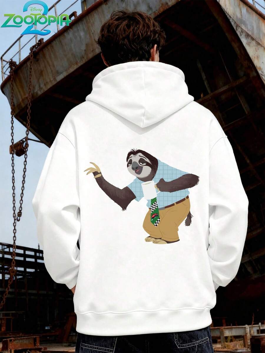 Disney Zootopia Series Stylish Stitch Print Hoodie, Men's Loose Fit Long Sleeve Drawstring Hoodie, Print Autumn/Winter Hoodie (Men's Pullover Hoodie, Black Hoodie, White Hoodie, Winter Hoodie, Gray Hoodie, Men's Winter Hoodie, Plus Size Hoodie) - White - View 1