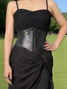 1pc Women's Black Waist Cincher With Tie, Elastic Waistband, Minimalist Design For Everyday Wear