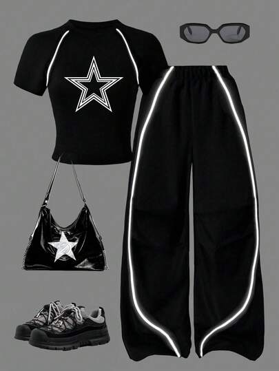 Tween Girl 5-Pointed Star Print Raglan Short Sleeve T-Shirt And Pants Casual Outfit