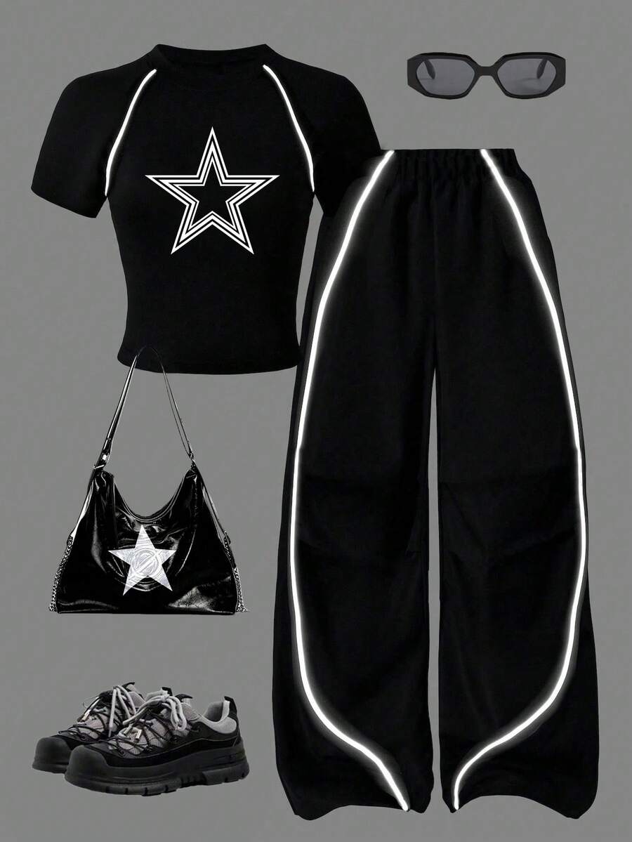 Tween Girl 5-Pointed Star Print Raglan Short Sleeve T-Shirt And Pants Casual Outfit - Black - View 1