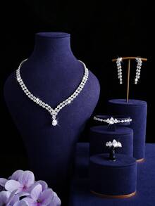 Set de 5 piezas de joyería de lujo de estilo oriental para novia que incluye collar, aretes, anillo, pulsera, adecuado para uso en bodas, cumpleaños, festivales y fiestas de mujeres - Plateado - Ver 3
