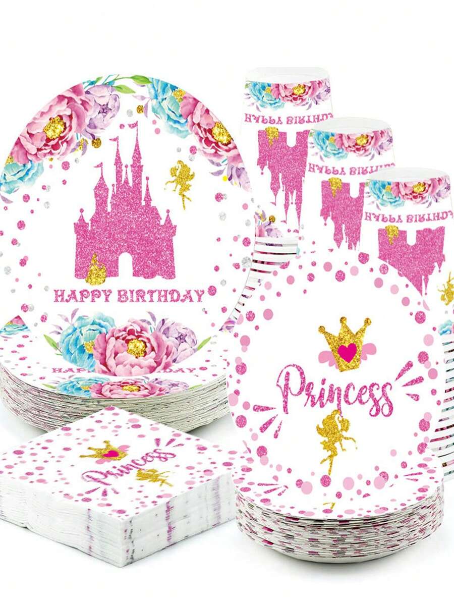 10/20pcs Castle Princess Theme Birthday Party Supplies Set, Princess Party Tableware Set Including Disposable Plates, Napkins, Cups, Suitable For Girls Princess Theme Baby Shower