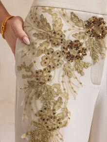 A&A Elegant 3D Flower Sequin Embroidery Pants, Old Money Style, Court Style, Modest, Business Casual Woman