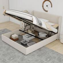 Modern And Minimalist Upholstered Bed, 160x200 Cm, Beige, Multifunctional Bedroom Furniture With Soft And Comfortable Headboard, High Storage Base With Gas Lift Mechanism, Mattress Not Included. - Beige + Fabric + Metal + Memory Foam - View 12