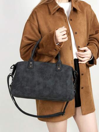 New PU Leather Bag For Women Retro Style Handbag, Fashion Zipper Shoulder Bag With Removable Strap, Women's Work & Travel Purse, Grey,Black,Green