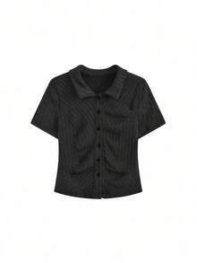 Women's Solid Color Single-Breasted Long Sleeve Ribbed Casual T-Shirt, Spring/Summer Black - Black - View 3