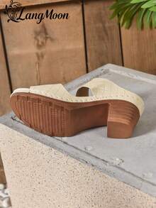 LangMoon 2026 Beige Rhombus Pattern Chunky Heel Slides, Textured Rhombus Upper + Stabilizing Chunky Heel, Visually Elongating Without Foot Fatigue, Non-Slip & Durable Outsole For Comfortable Long-Wear, Classic & Versatile For Commuting, Dating, And Strolling, Elegant Spring/Summer Footwear - Beige-diamond Pattern - View 8