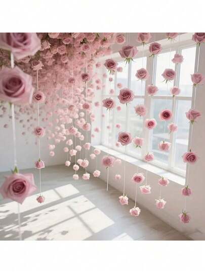 10个/套 粉色玫瑰花头吊坠，婚礼背景装饰人造花吊坠，粉色玫瑰背景拍照道具，适用于情人节和婚礼装饰