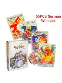 pokemon 55张宝可梦动漫人物卡牌，VSTAR GX EX VMAX 黑/银/金箔宝可梦卡牌，英文/法文/德文/西班牙文动漫游戏卡牌，创意桌面游戏卡组，适合收藏