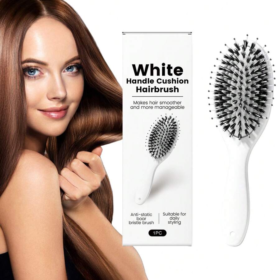 1 Peça Escova de Cabelo com Cerdas de Náilon e Cerdas de Javali, Massageador de Couro Cabeludo com Alça Branca, para Uso Doméstico e Salão