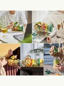 侧开口防漏沙拉盒 - 适用于微波炉、洗碗机和冰箱 - 带调料杯的密封沙拉碗，可堆叠设计，适合备餐、午餐、晚餐、办公和旅行使用 - 彩色 - 查看 5