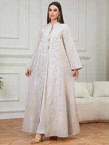 Áo choàng dài đan móc thanh lịch dành cho nữ, thích hợp cho lễ Eid, ở nhà, hẹn hò hoặc mặc hàng ngày vào mùa xuân. - Màu be - Xem 2