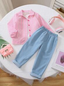 2pcs/Set Girls Minimalist Pink & White Striped Long Sleeve Collared Shirt Top And Bow Print Light Blue Straight Leg Jeans Pants Outfit - Pink - View 2