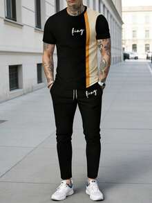 男士时尚印花圆领短袖T恤和裤子套装 - 彩色 - 查看 2