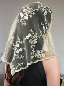 1pc Women's Bridal Floral Lace Triangular Scarf, New Style Black & White Solid Color Veil, Wedding Lace Headpiece - Multicolor - View 3