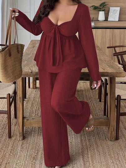 مجموعة قطعتين للمرأة بحجم كبير، تصميم ربطة، طراز مُحكم، ملابس علوية ذات رقبة مربعة وأكمام طويلة، قماش منسوج، بنطلون طويل بلون واحد، مجموعة قطعتين بلون واحد للنساء، طراز يومي عادي، إحساس بالراحة المنزلية، أنيق