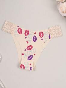 3件装女士内裤，简约舒适薄蕾丝印花，字母和嘴唇图案，亲肤百搭三角裤 - 杏色 - 查看 2