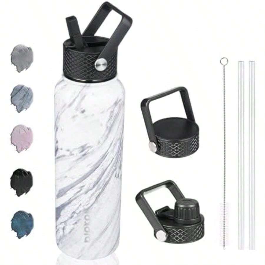 BJPKPK - Botellas de agua aisladas con tapa de popote, botella de agua grande de metal de 32 onzas con 3 tapas, termo reutilizable a prueba de fugas, sin , vasos de acero inoxidable para deportes(1.2 Litros Frosten) - Multicolor - Ver 1