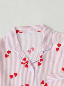 Bonmuse Bộ đồ ngủ dài tay nữ in hình trái tim kẻ sọc, chất liệu nhăn nhẹ, kiểu dáng phồng. - Hồng - Xem 2
