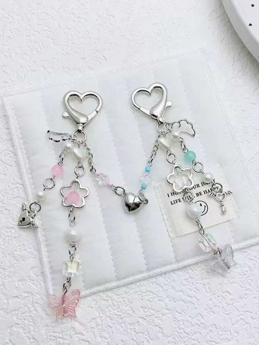 Y2K Style Handmade Beaded Pendant, Heart-Shaped Magnetic Wings Bag/Key Chain, Gift For Couples, Best Friends, Family, Valentine's Day - Beaded Keychain - View 1