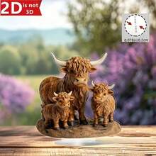 1 Peça Plana 2D, Decoração de Vaca das Terras Altas - Estilo Boêmio, Decoração de Mesa Acrílica, Adequada para Casa, Escritório ou Exibição em Cafés (23 cm x 23 cm), Decoração de Vaca Peluda, Decoração de Sala de Aula - Multicolorido - Visão 2