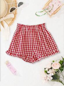 2pcs/Set Teenage Girls Casual Slogan Print Round Neck Short Sleeve T-Shirt + Red Plaid Shorts Cute & Comfortable Summer New Outfit - Multicolor - View 6