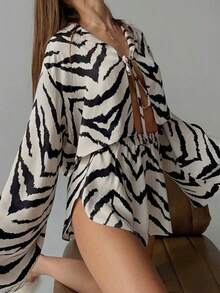 Zebra Print Long-Sleeved Shirts, Shorts, Pajamas For Women, Loose And Comfortable, Suitable For Outdoor Wear - trắng - Xem 1