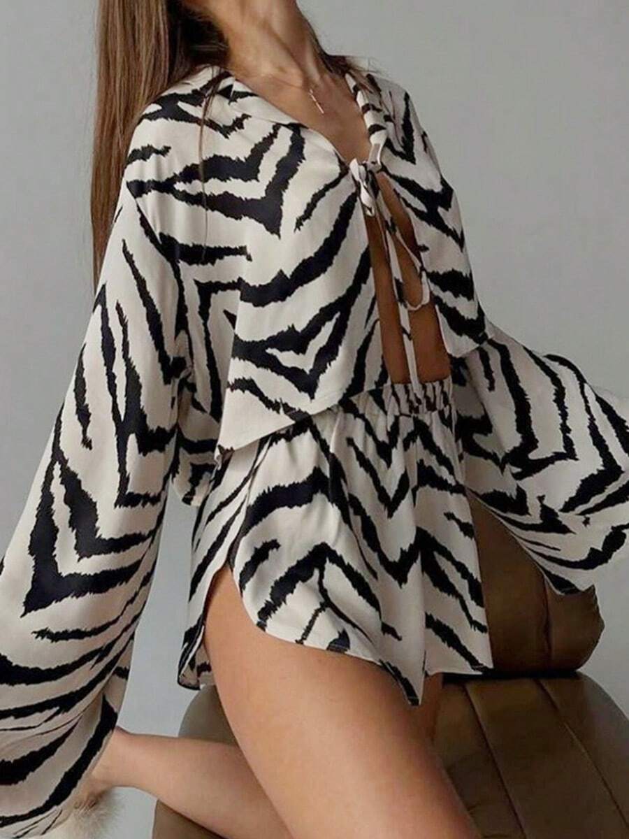 Zebra Print Long-Sleeved Shirts, Shorts, Pajamas For Women, Loose And Comfortable, Suitable For Outdoor Wear - trắng - Xem 1