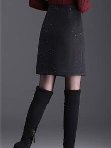 2026新款高腰A字亮片羊毛混纺迷你裙，修身显瘦，适合娇小身材女性 - 黑色 - 查看 6