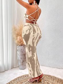 AIJ Amarilo Women's Beige Abstract Tie Dye Crisscross Backless Cutout Bodycon Maxi Dress – Ideal For Date Nights, Spring Break Carnival Costume, Brunch, Beach Days & Summer Looks - Mocha Brown - View 2