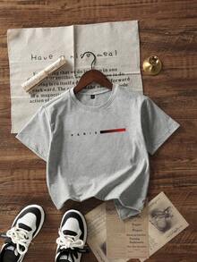 男童休闲印花藏蓝色圆领短袖T恤，夏季上衣 - 淺灰色 - 查看 3