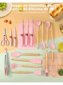Utensillos Cocina Sets de cuchillos 19 espatulas Brochas De Silicona cuchillos Para Cocina Antiadherente Pastelera Manejar reposteria juego para cocinar con mango de madera Para Cocinar Mezclar y Hornear Herramientas cucharón de sopa, resistente al calor para la cocina del hogar mueble cuchillo cuchara rosa cucharas espatula - Rosa coral - Ver 2