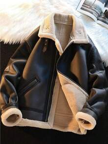 Unisex Shearling-Lined Pilot Jacket - Faux Leather Retro Biker Coat - Black - View 1