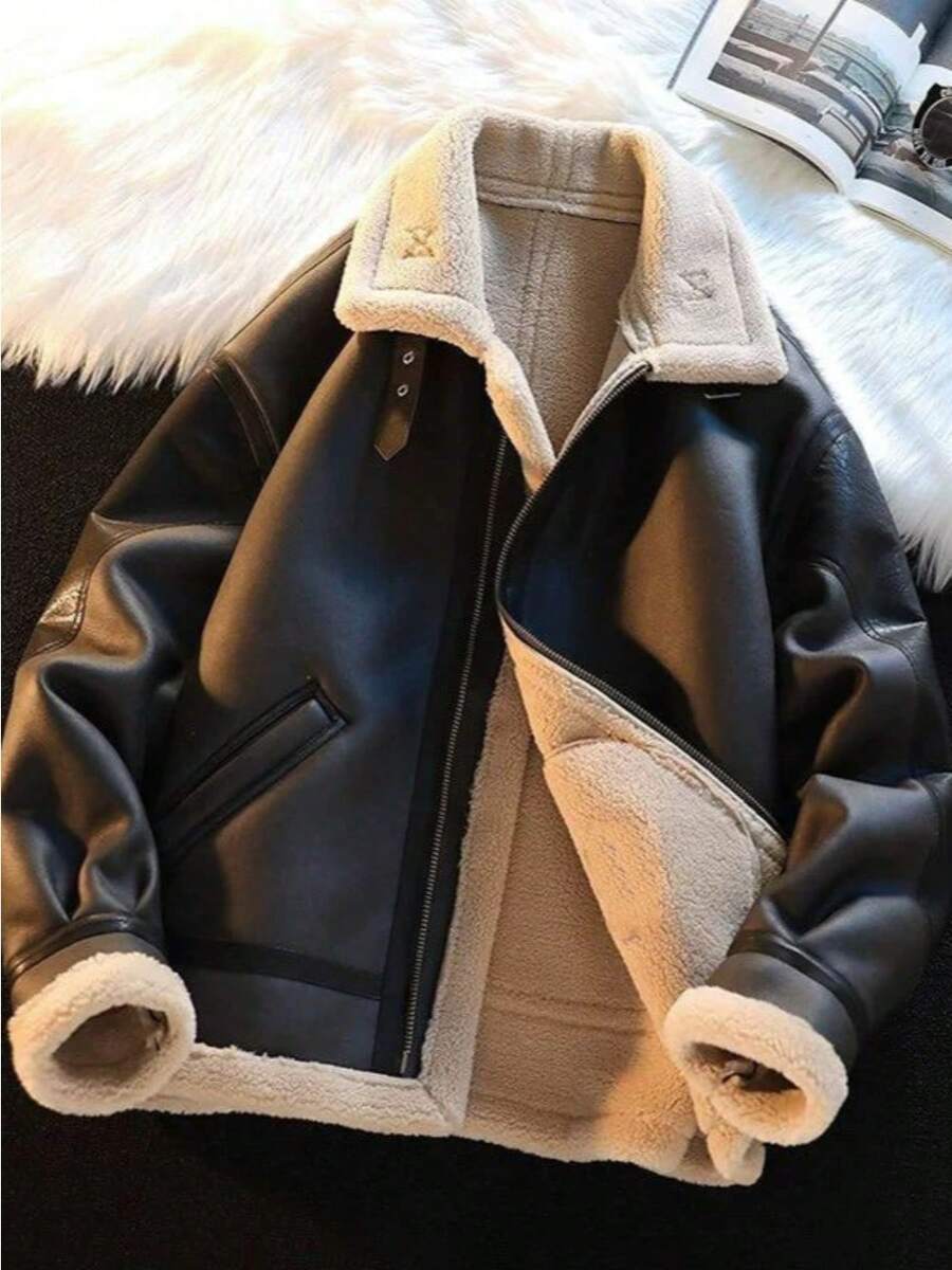 Unisex Shearling-Lined Pilot Jacket - Faux Leather Retro Biker Coat - Black - View 1