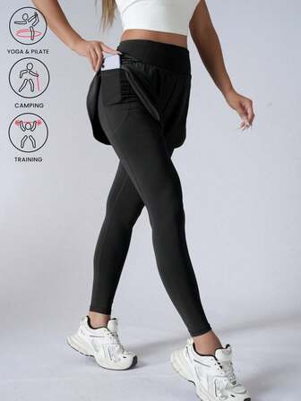 女士二合一高腰跑步紧身裤带裙摆，速干瑜伽压缩紧身裤带口袋，修身运动裤，适合秋冬季健身锻炼，宽腰带