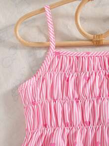 2pcs Girls Casual Striped Heart Print Decor Camisole Top And Elastic Waist Shorts Set, Spring/Summer - 粉色 - 查看 4