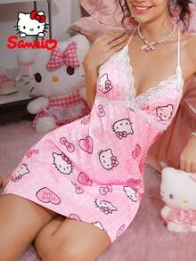 Sanrio Hello Kitty 女士蕾丝拼接露背睡衣三件套，粉色，饰有字母、爱心和波点印花，深V领，短款睡裙，可爱睡衣套装，性感迷人，性感连衣裙，家居服 - 粉色 - 查看 4