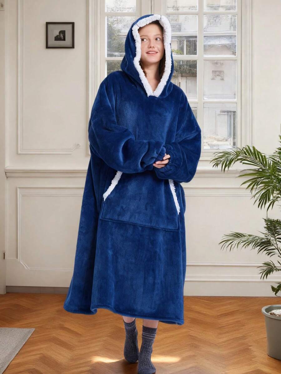 Oversized Long Wearable Blanket Hooded Home Dress - Ultra-Soft Thick Flannel Loungewear, Cozy Pockets, Machine Washable | Perfect Valentine's Day & Winter Gift For TV Time (Blue) - 藏蓝色 - 查看 1