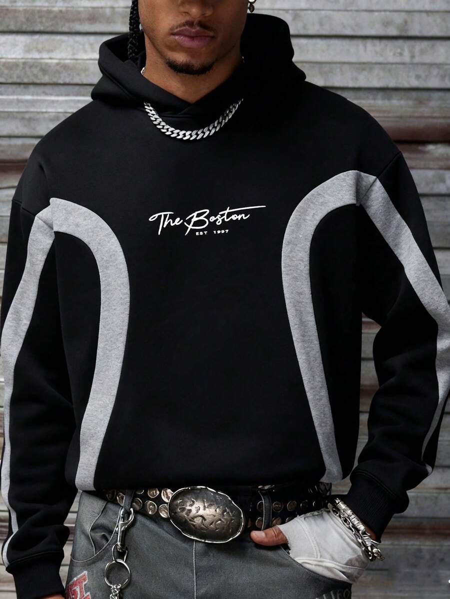 Men's Autumn/Winter New Fashionable Street Casual Letter Print Patchwork Hoodie Sweatshirt - Black - View 1