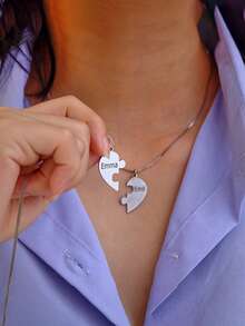 Customized Heart-Shaped Puzzle Engraved Necklace Set, Personalized Name Necklace, Valentine's Day Gift, Best Friend Gift, Family Necklace, Sisters Necklace Set, Classmate Gift, Graduation Gift, Family Gift, High-End Gift, Fashion, Autumn , Minimalist, Casual - Multicolor - View 2